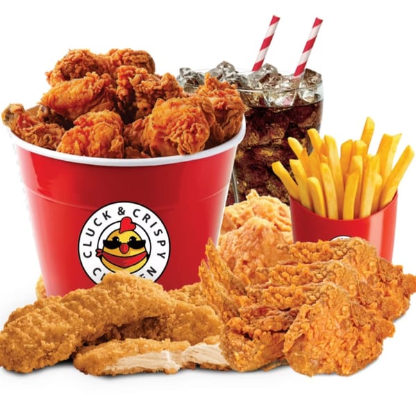 Cluck & Crispy Chicken bucket meal with fried chicken, tenders, fries, and soda with straws.