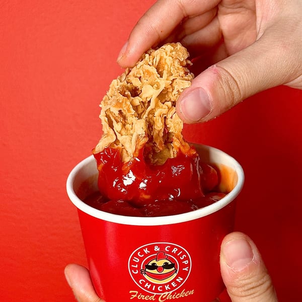 A hand dips a crispy fried chicken tender into a red Cluck & Crispy branded sauce cup.