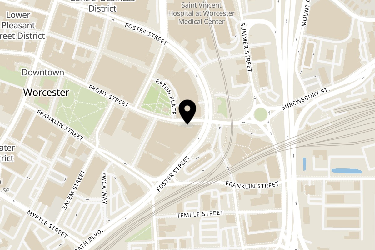 Map showing the location of Cluck & Crispy Chicken on 151 Front St in Worcester
